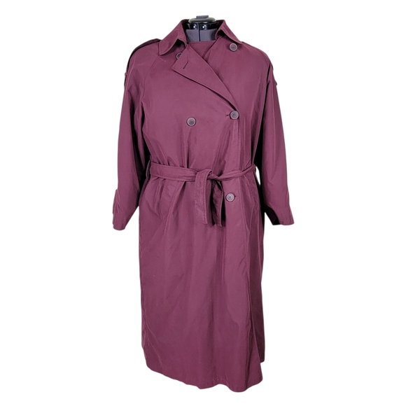London Fog Trench Coat Size 14P Burgundy Double Breasted Button Out Wool Liner - Picture 1 of 10